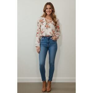 Rue21 Women's Top Blouse Long Sleeve Ivory Floral Print Bohemian Size XS